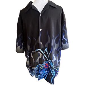 Dragonfly Button up Biker Motorcycle Shirt Y2K Lounge bowler Flames Men’s Large